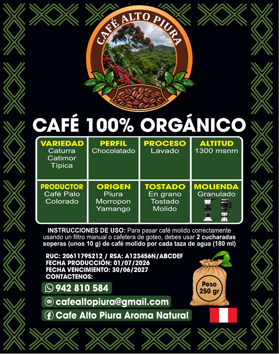 Etiqueta del empaque de Café Alto Piura de 250 gramos