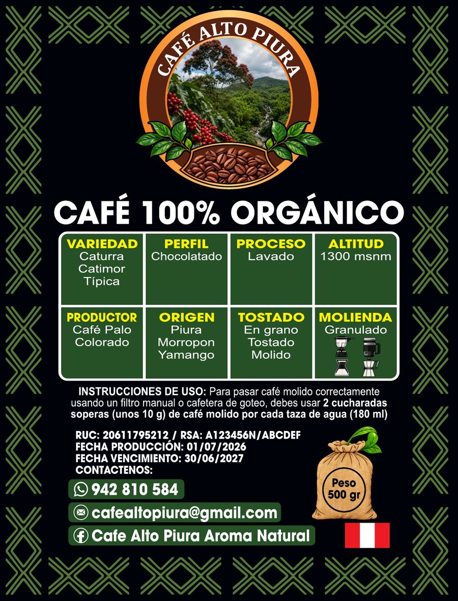 Etiqueta del empaque de Café Alto Piura de 500 gramos