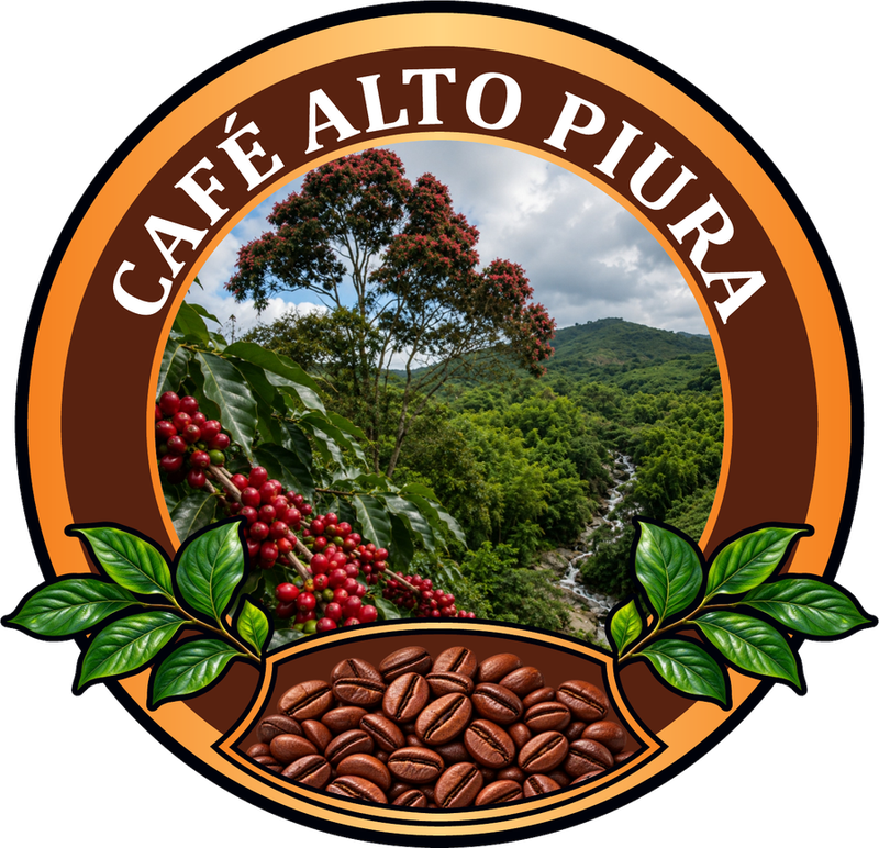 Sello de Café Alto Piura con el paisaje de Yamango